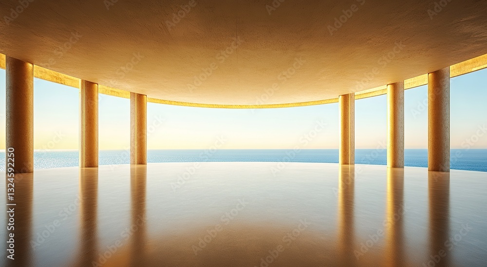 Aufkleber an empty circular room with a flat, smooth ceiling and walls of large windows overlooking the ocean