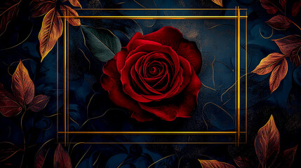 An elegant burgundy rose surrounded by a luxurious gold frame, set against a dark background with intricate floral decorations, adding a touch of sophistication and romance to the design