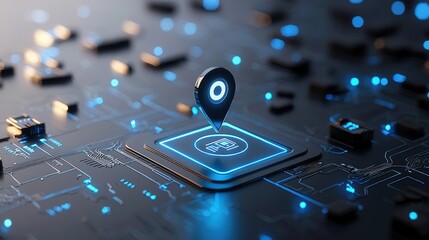 A digitally rendered image depicting a glowing blue world map with a sharp close up focus on a specific location