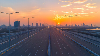 Fototapeta premium Aerial View Of Empty Highway Leading Into City Under Vibrant Orange Sunset Sky
