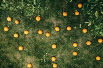 Aerial view of oranges scattered across green grass in a sunny orchard, An aerial view over oranges scattered across the grassy ground of an orchard