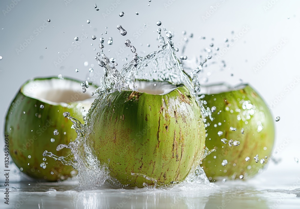 Poster fresh green coconuts splashed with water in dynamic action shot capturing refreshing nature and trop