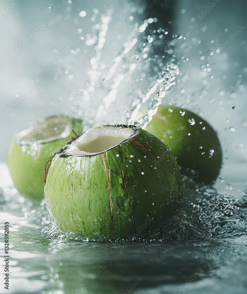 Aufkleber fresh green coconuts splashing in water with droplets capturing natural refreshment and tropical vib