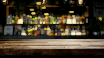 Empty Wooden Table With Blurred Background Of Bar Interior Decorated With Edison Bulb Lights For Product Placement In Warm Yellow Gold Brown