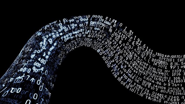 A dynamic representation of flowing binary code against a dark background.
