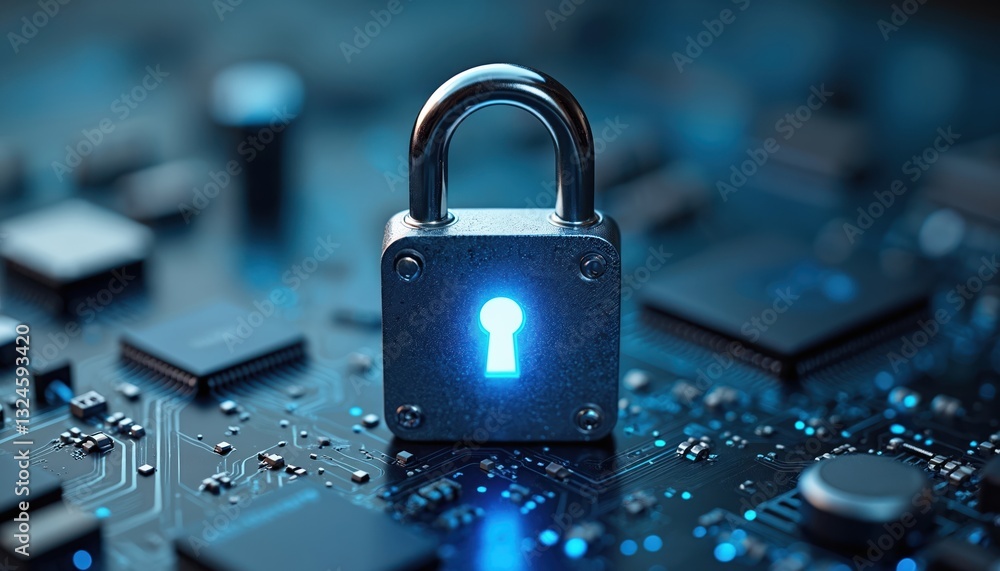 Poster padlock icon on electronic circuit board. symbolizes digital security in cyber space. concept of dat
