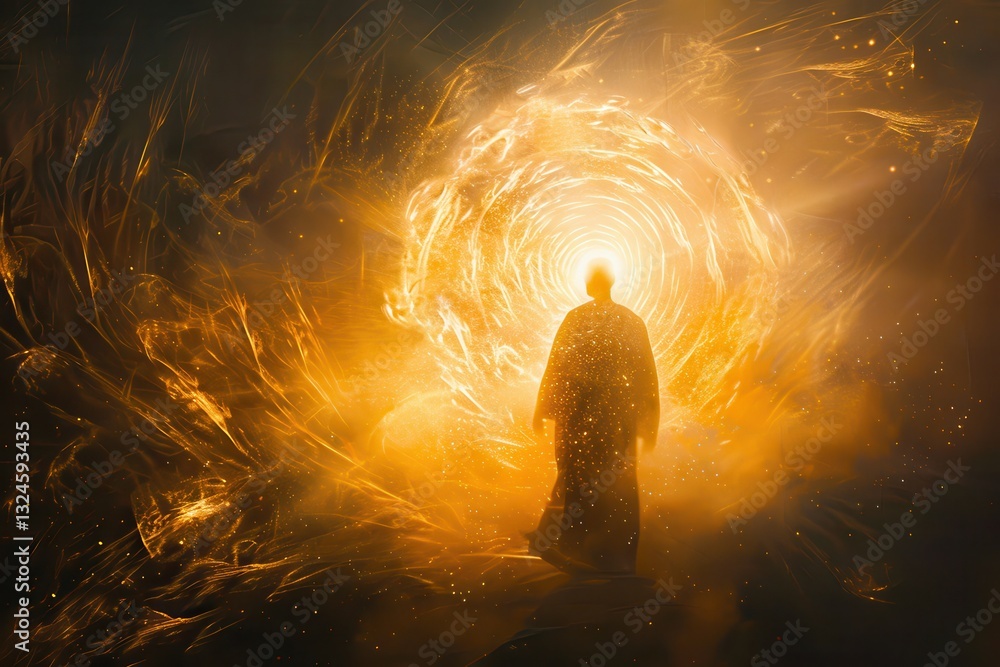 Poster vibrant portal with a silhouetted figure exploring a luminous dimension in an abstract art style
