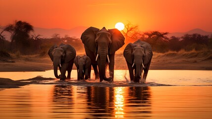 Elephant Family Crossing a River at Sunset for Conservation Awareness – Generative AI