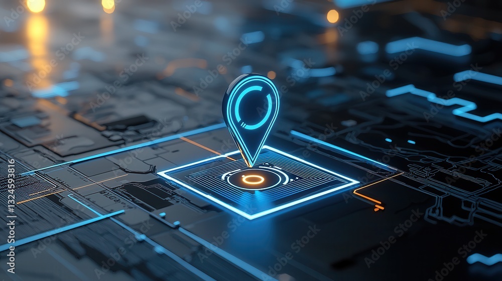 Poster a futuristic digital inspired world map with glowing blue navigation pins markers and a modern abstr