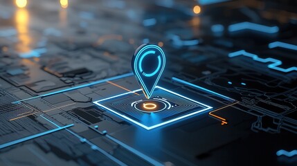 A futuristic digital inspired world map with glowing blue navigation pins markers and a modern abstract grid interface for tracking locations and routes