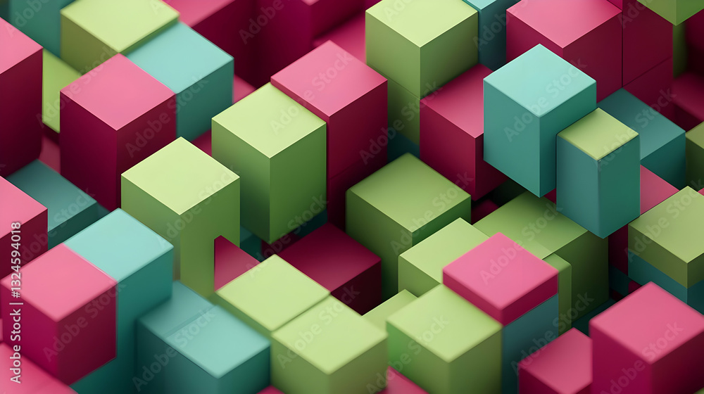Aufkleber 3d render of a colorful abstract pattern composed of teal pink and green cubes in isometric view