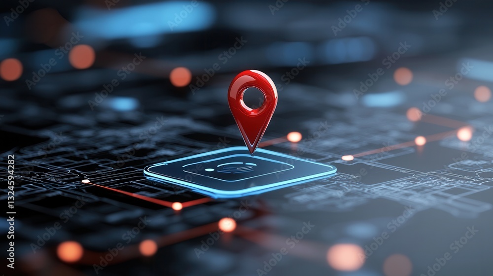 Poster this image depicts a closeup view of a navigation themed digital interface featuring a bright red lo