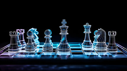 Transparent Glass Chess Pieces On Board In Dim Lighting With Blue And Purple Tones