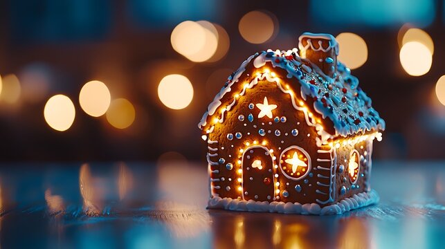 Illuminated Gingerbread House Festive Winter Holiday Scene