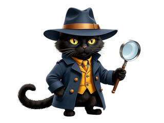 A cartoon black cat detective in a fedora, trench coat, and vest, holding a magnifying glass.