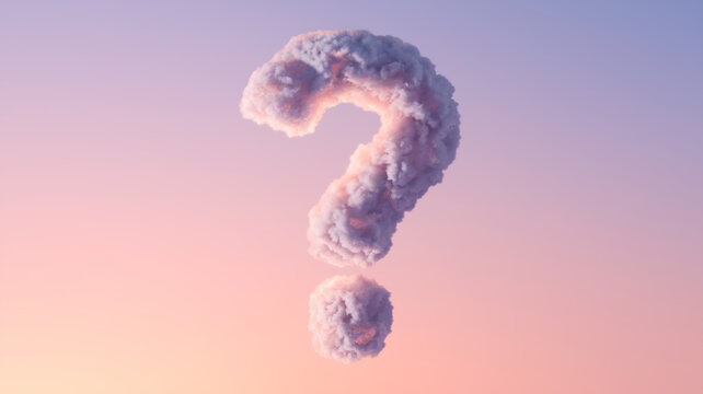 Pink and purple sky background with a large question mark shaped cloud formation, symbolizing uncertainty, inquiry, or the search for answers