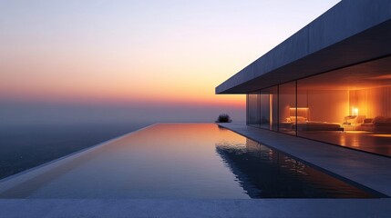 Sunset view from modern clifftop home with infinity pool