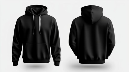 Black hoodie with zipper mockup template on a white background, front and back view
