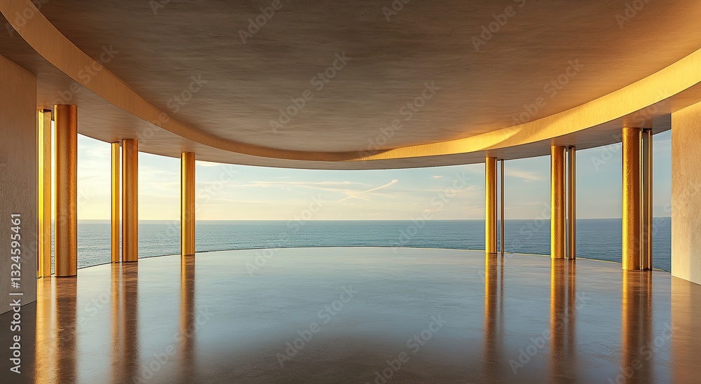 Poster an empty circular room with a flat, smooth ceiling and walls of large windows overlooking the ocean