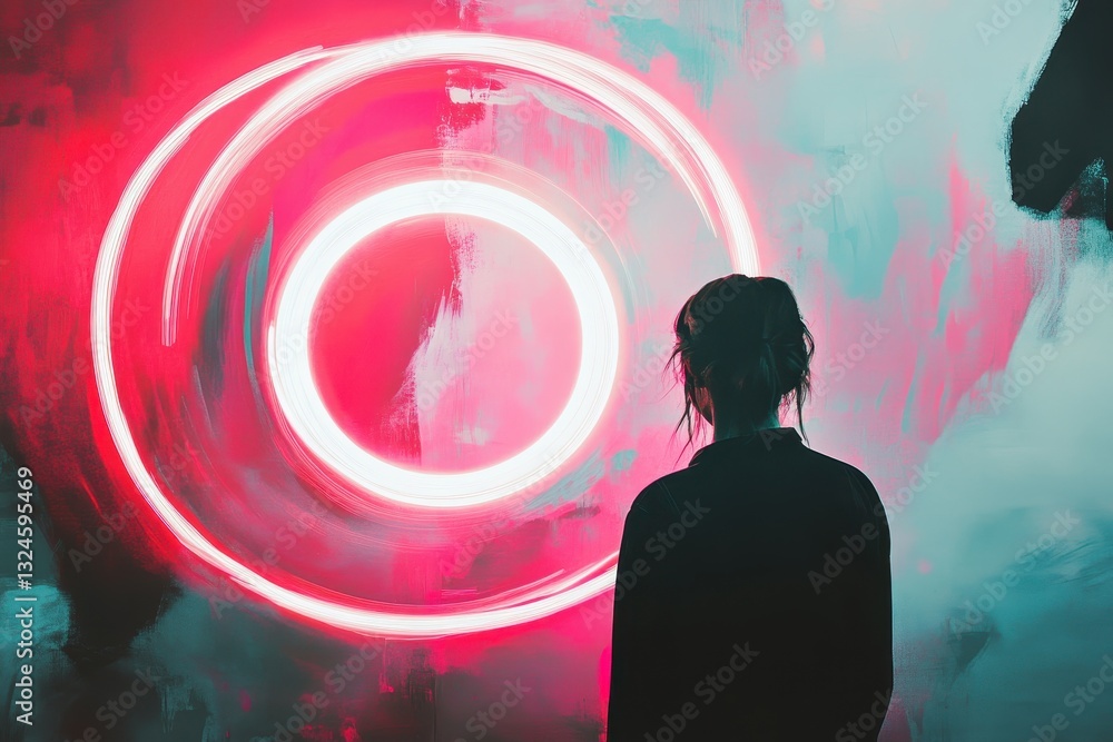 Poster neon circle illuminates dynamic white shapes in an artistic display at night, neon circle over white