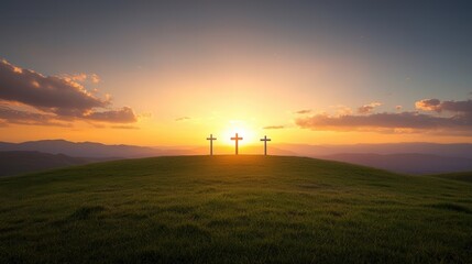 Obraz premium Three silhouetted crosses stand solemnly on a grassy hill casting long shadows against the vibrant orange and purple sky of a serene sunset landscape