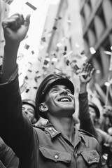 vintage portrait of soldier celebrating ve-day with jubilant friends waving flags and cheering amidst confetti in lively