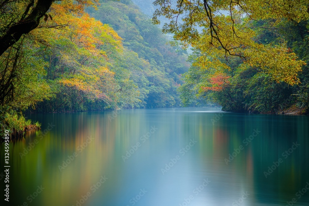 Poster this photo captures a tranquil body of water encompassed by a diverse array of trees and plants vari