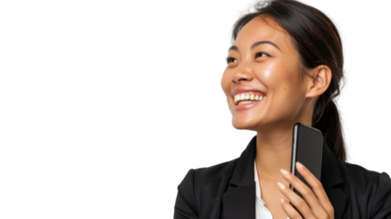 Smiling businesswoman holding smartphone looking up on transparent background