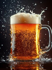 Refreshing Beer With Frothy Foam Splashing in Dark Background at Celebratory Moment