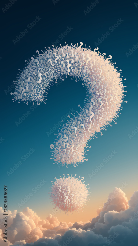 Poster Giant large question mark formed by numerous smaller question marks in clouds, symbolizing uncertainty, inquiry, or the search for answers