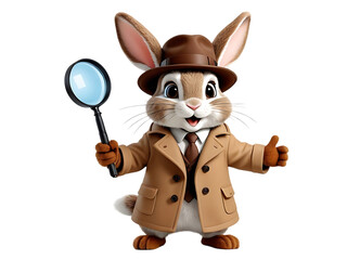 Cute cartoon rabbit detective with magnifying glass, giving thumbs up.