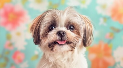 illustration Adorable Shih Tzu puppy with cheerful expression sitting prettily against pastel floral background