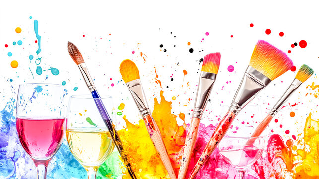 Art and wine night banner featuring paintbrushes, wine glasses, and vibrant splashes of color, designed to promote summer sip and paint events, creative workshops, art and wine experiences.