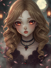 Belleza sobrenatural: vampira con rizos dorados y labios escarlata