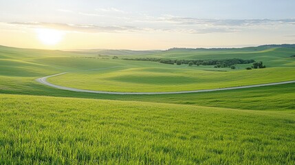 Obraz premium A peaceful and serene landscape showcasing the lush rolling hills and vibrant green grass of a tranquil countryside field