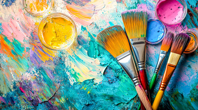 Art and wine night banner featuring paintbrushes, wine glasses, and vibrant splashes of color, designed to promote summer sip and paint events, creative workshops, art and wine experiences.