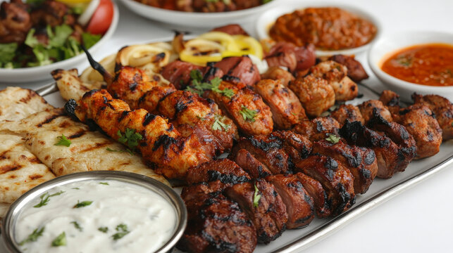 A grand mix grill platter showcasing shish tawook, mutton chops, chicken kebabs, beef skewers, tikka boti, and an array of sides like hummus, pita bread, and tandoori roti