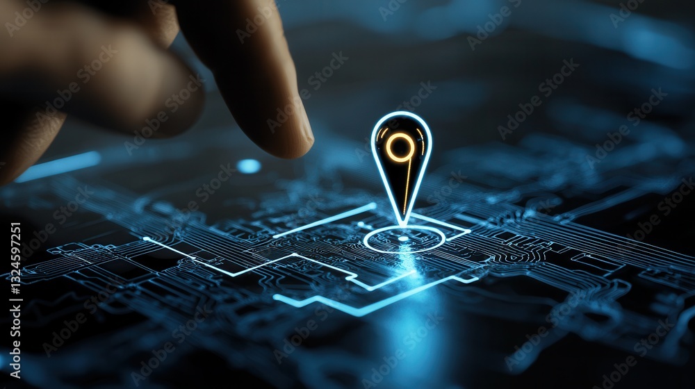 Poster a captivating close up view of a location marker or gps pin standing out on a futuristic digitized l