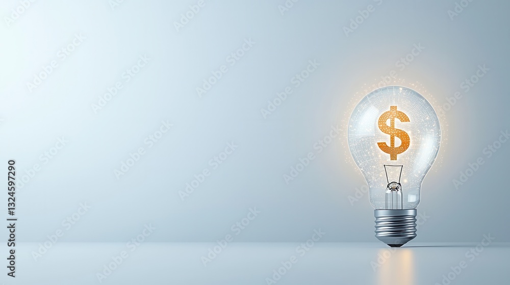 Poster a visually striking 3d lightbulb concept with a holographic dollar symbol symbolizing the idea of in