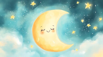 Fototapeta premium A smiling crescent moon and stars illustrated in a night sky