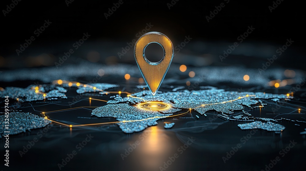 Poster a visually striking blue world map with a floating illuminated location marker representing global c