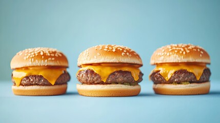Juicy cheeseburgers with melted cheddar cheese on a cool blue background, excellent for restaurant promotions or food photography of classic American favorites.