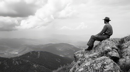 Man contemplating nature's beauty mountain range landscape photography scenic overlook peaceful vantage point reflection