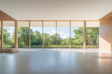 Fototapeta premium wide-angle view showcases luxurious living area with floor-to-ceiling panoramic allowing sweeping outdoor vistas while