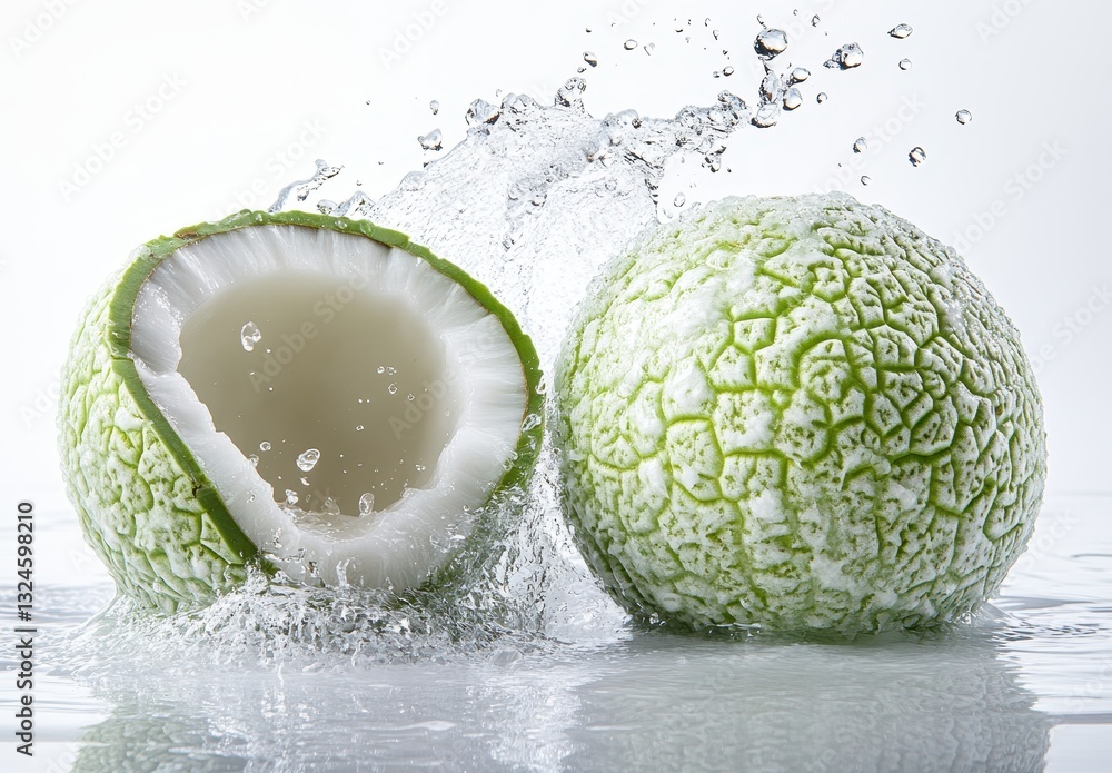 Poster fresh green melon halves splashing in clear water creating dynamic droplets and showcasing juicy int
