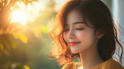 Fototapeta premium Serene Young Woman in Golden Hour Sunlight