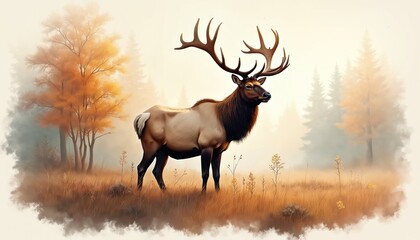 Fototapeta premium Majestic elk with branched antlers stands in golden autumn meadow. Stag poses looking at viewer. Forest and misty fog on background. Wild animal in nature. Brown, golden colors.