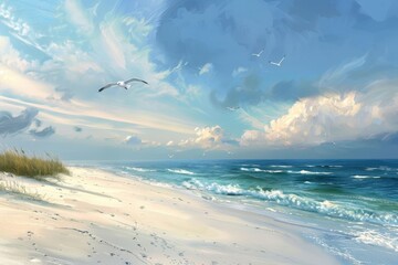 Naklejka premium Majestic seascape with seagulls soaring over a tranquil beach at dusk, capturing the beauty of nature and the serenity of the ocean