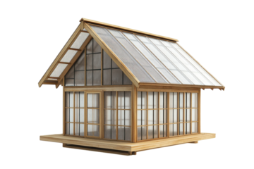 Modern wooden house with expansive glass windows situated on a simple platform under a clear sky isolated on transparent background