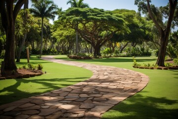 Obraz premium Serene walkway surrounded by lush greenery and vibrant blooms under gentle, soft lighting